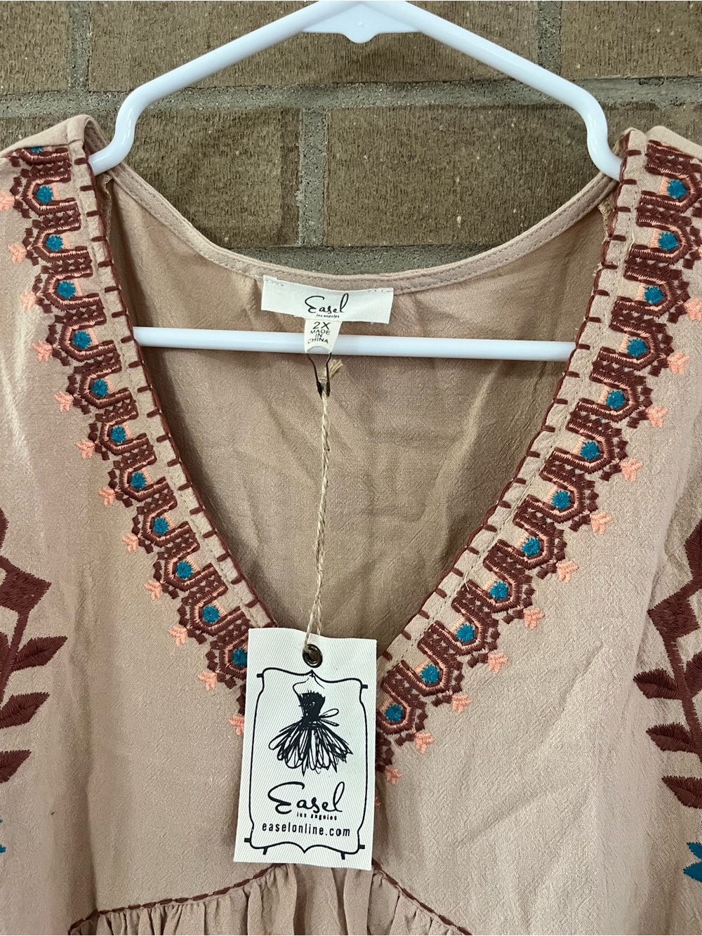 Boho Embroidered Beige Mini Dress with Dusty Rose Accents - Picture 3 of 3
